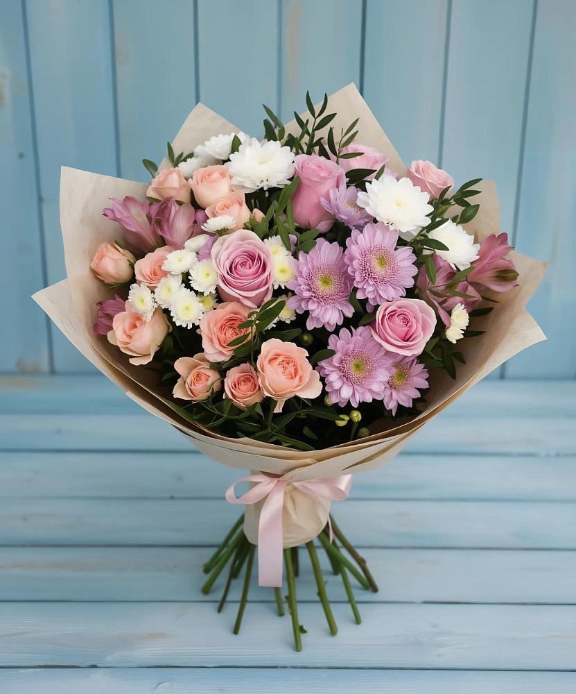 Букет цветов из: Хризантемы, Розы и Альстромерии в Сосново Ленинградская область