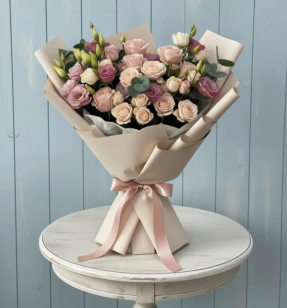 Букет цветов из: Розы и Лизиантусы в Сосново Ленинградская область