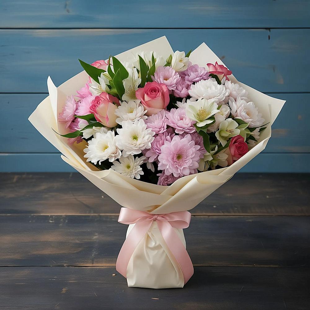 Букет цветов из: Хризантемы, Альстромерии и Розы в Сосново Ленинградская область